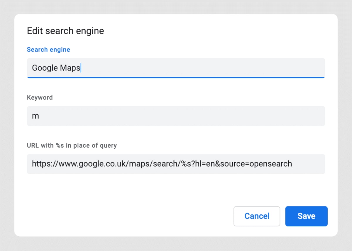 A screenshot from the “Edit Search Engines” panel.