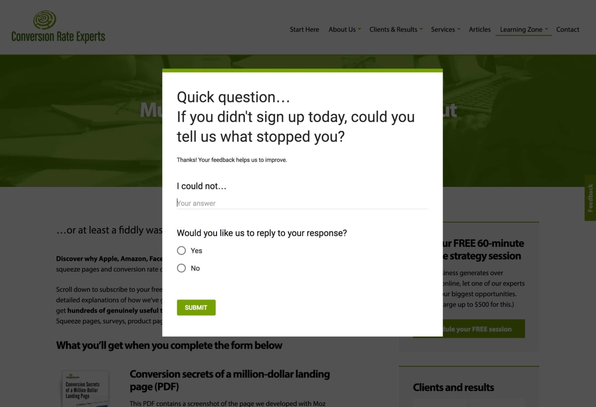 Screenshot of an exit survey