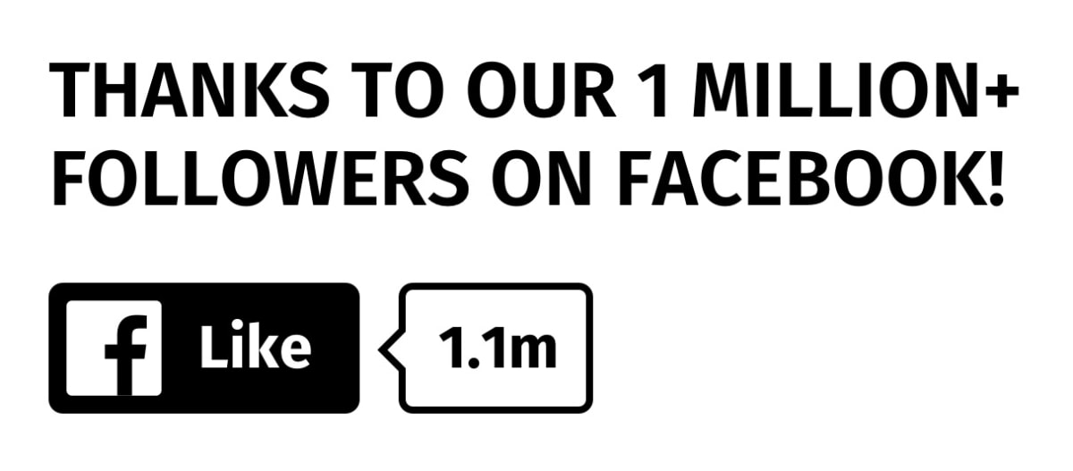 Image reads: THANKS TO OUR 1 MILLION+ FOLLOWERS ON FACEBOOK!
