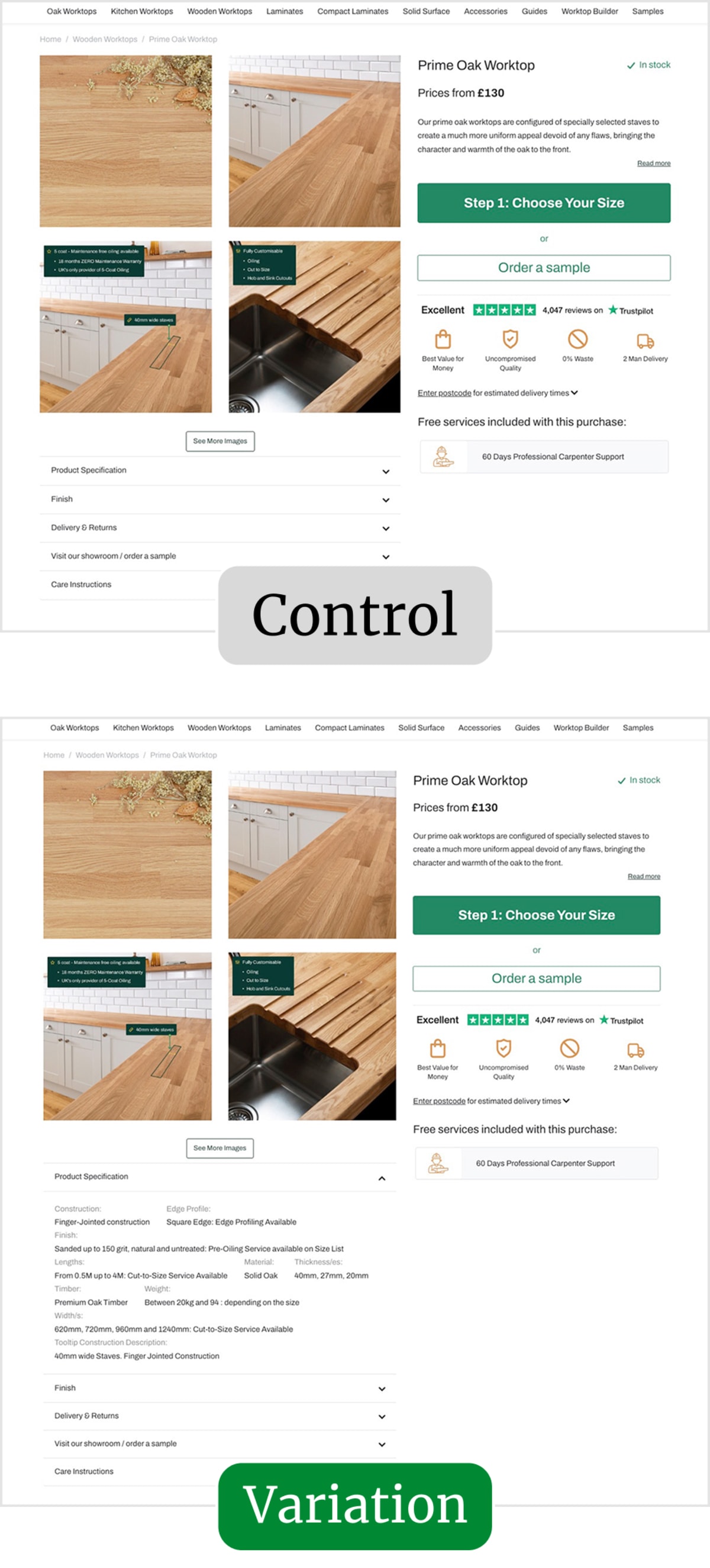 A/B test comparison of a product page for oak countertops, showing the control version with the product specification accordion closed versus the variation version with the product specification accordion open.