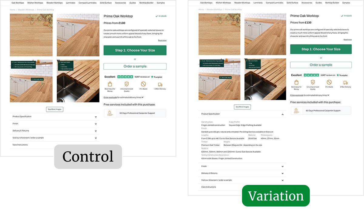 Side-by-side A/B test screenshots of a product page for oak countertops, labeled control and variation, highlighting how opening the product specification section by default improved visibility of product details.
