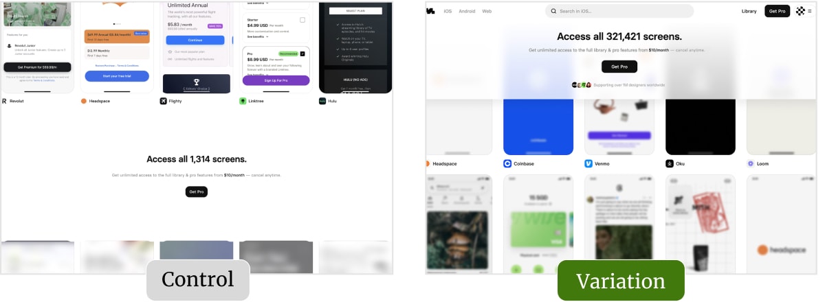Control vs variation comparison showing a static paywall banner versus a sticky header that keeps the ‘Get Pro’ CTA visible while scrolling.