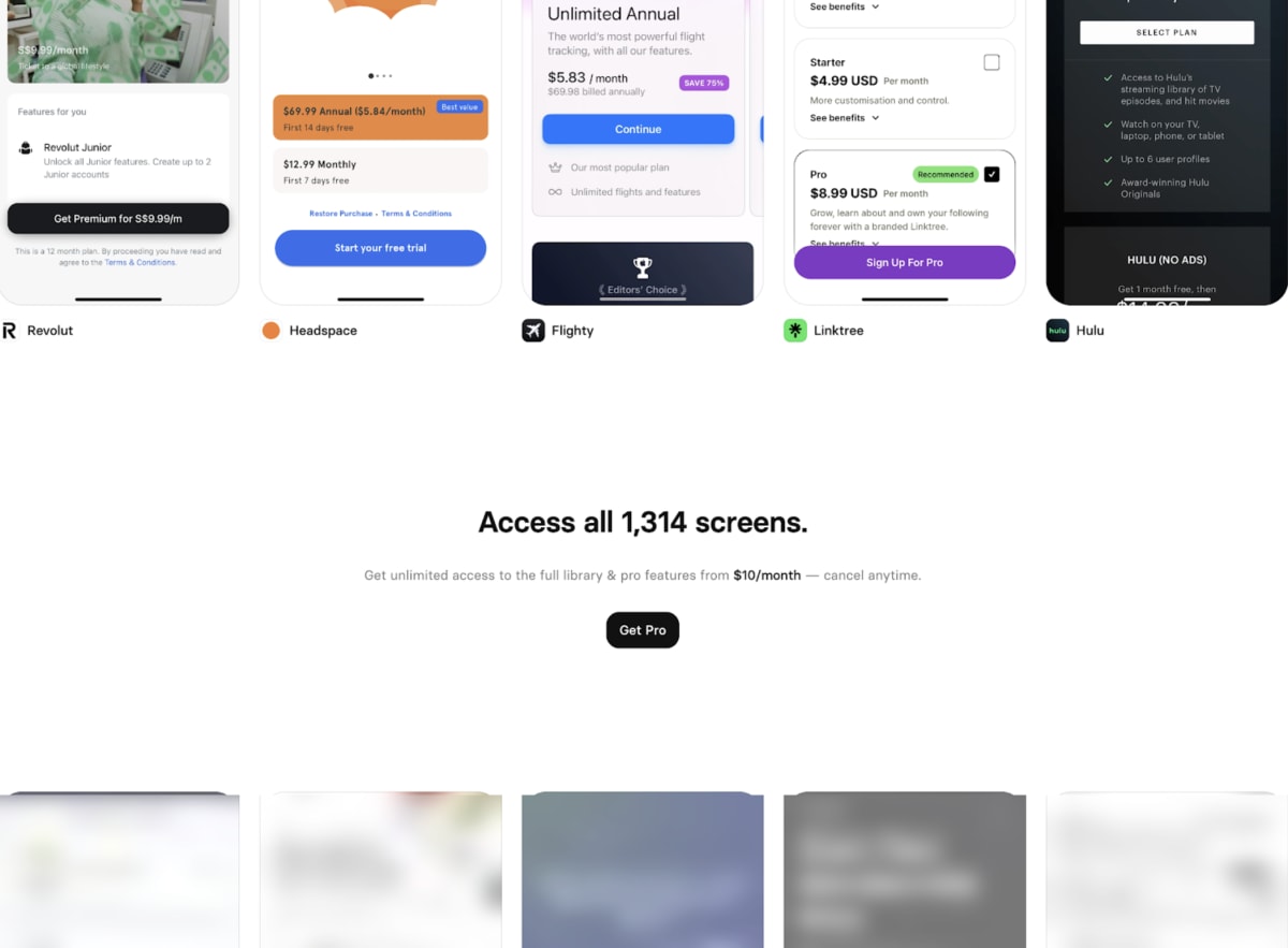 Original Mobbin paywall page where the ‘Get Pro’ CTA scrolls out of view as users browse available screens.