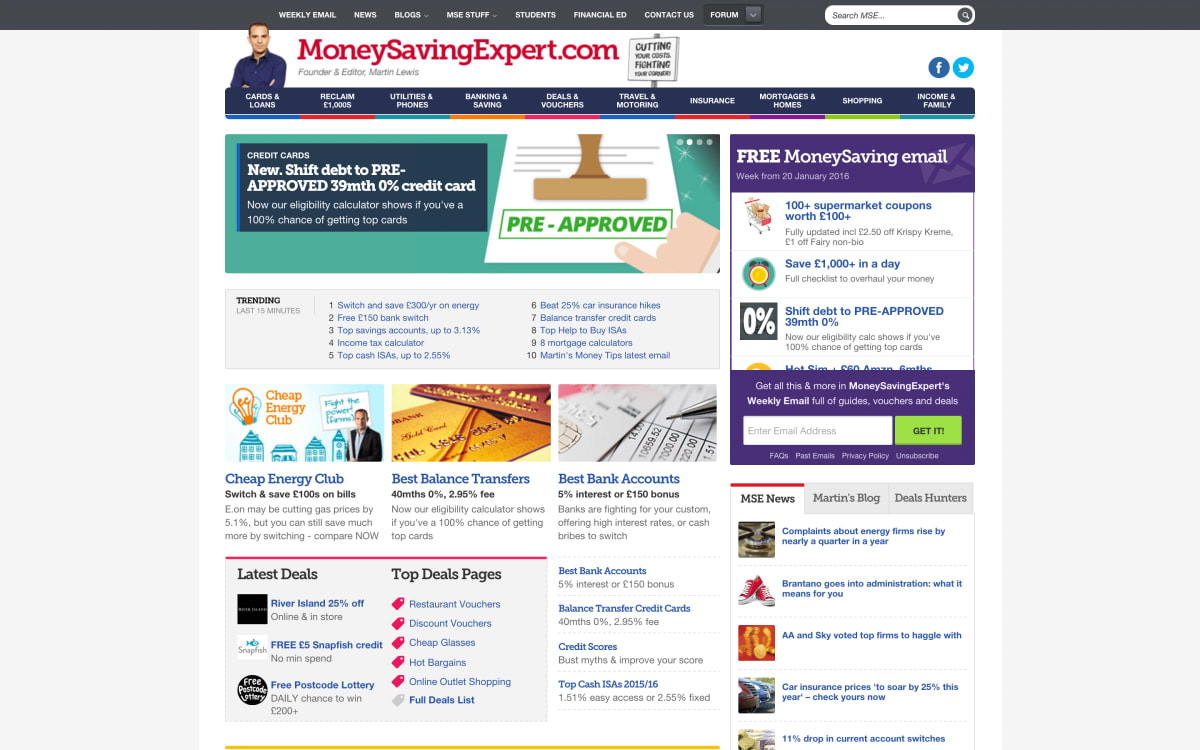 The homepage of MoneySavingExpert.com