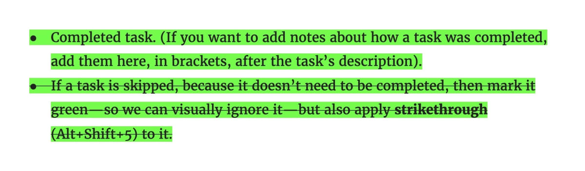 A screenshot showing two details of how we mark completed tasks.