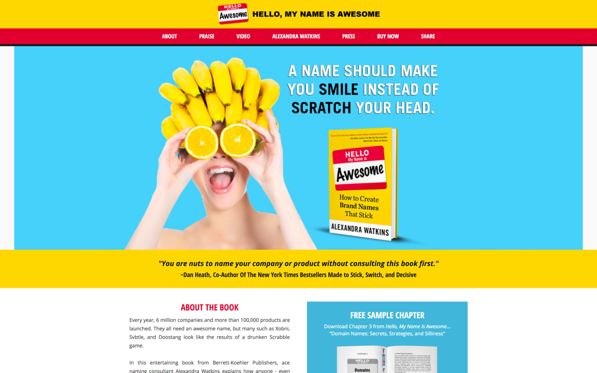 Screenshot of the homepage for the book “Hello, My Name Is Awesome”