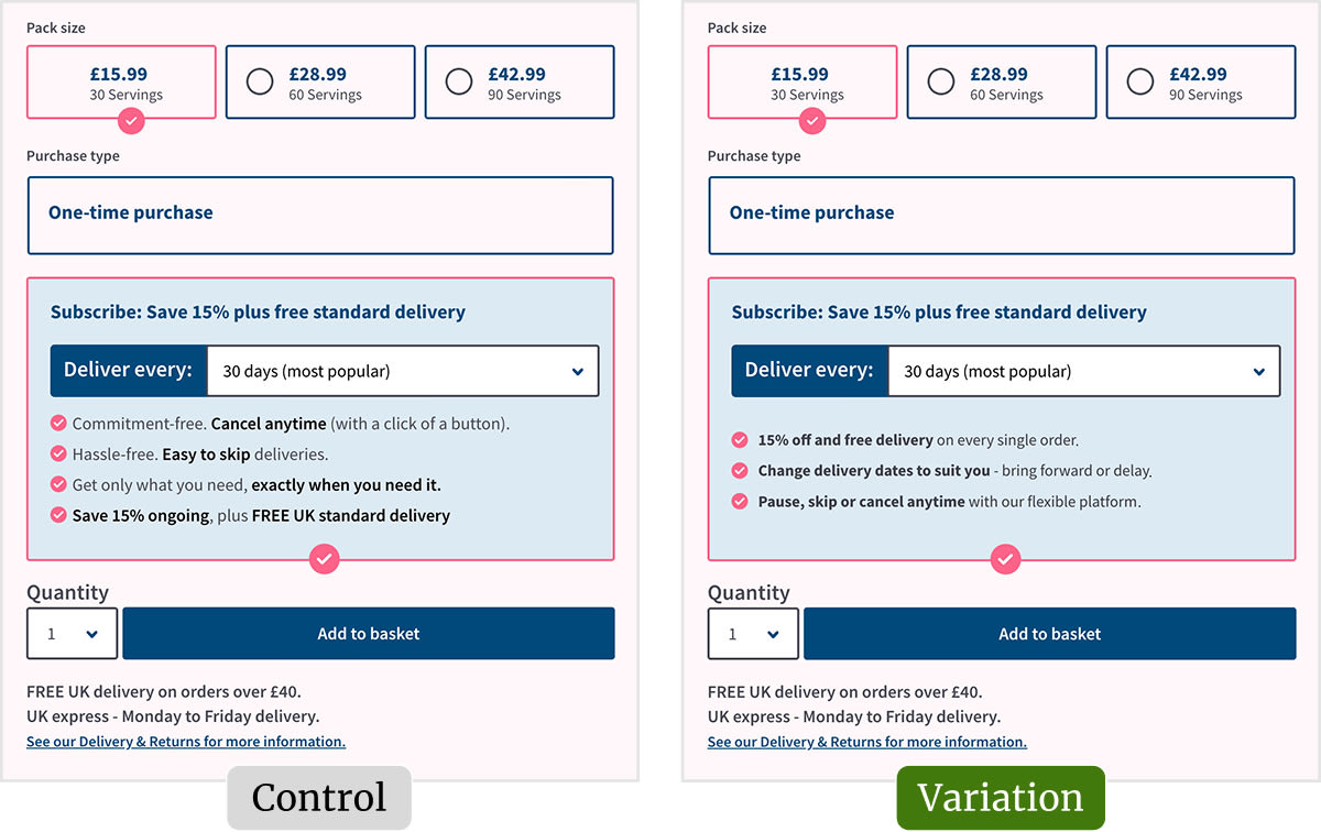 The original and variation screens for this test.