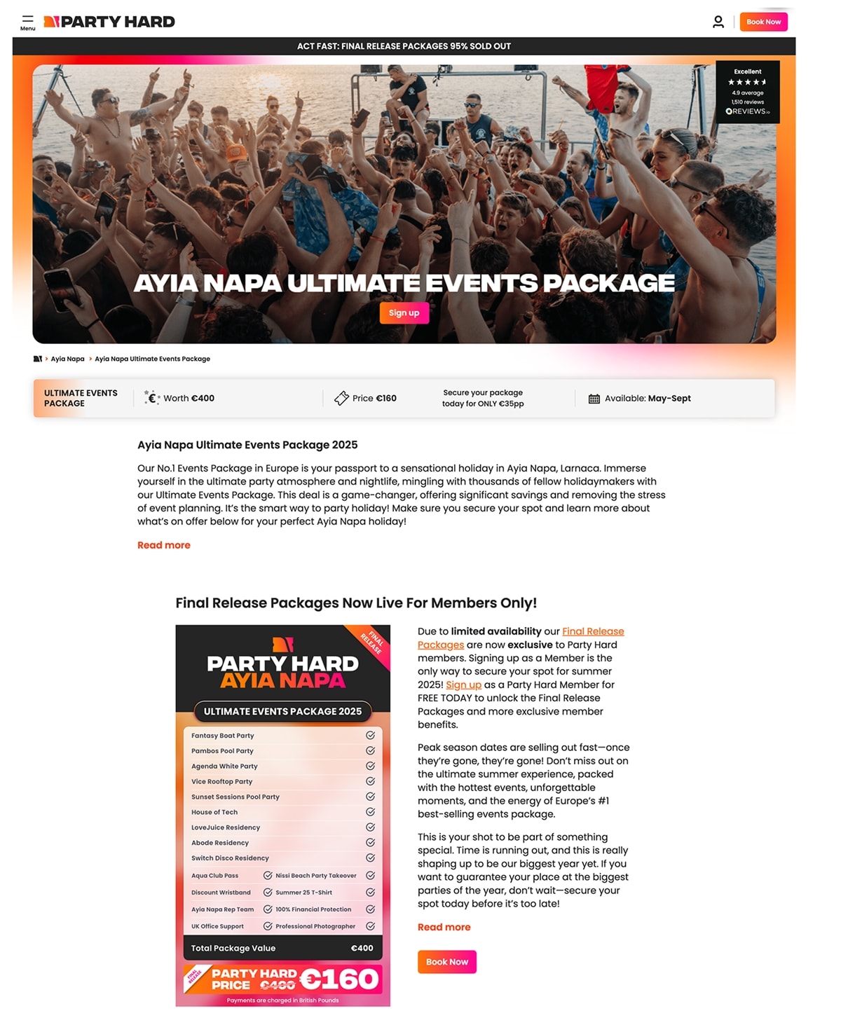 Variation of the Party Hard Travel Ayia Napa events package webpage featuring a shallower hero image of friends on a boat, trust signals, and improved layout with package details more visible.
