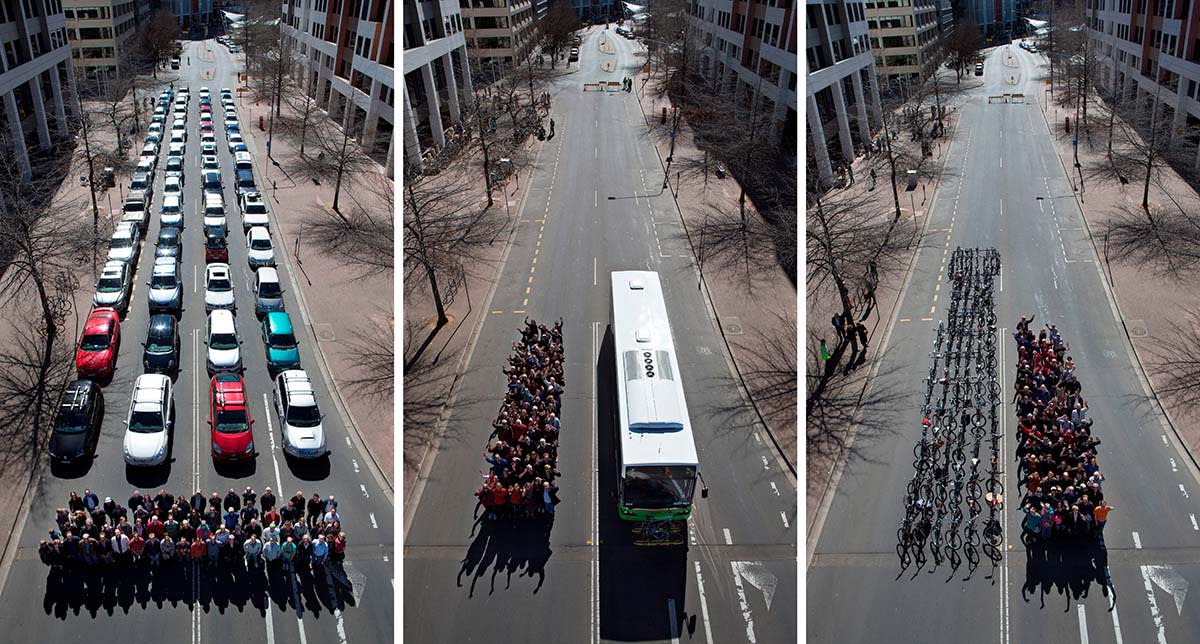 A poster showing the space that it takes to transport 72 people, by car, bus, or bike.