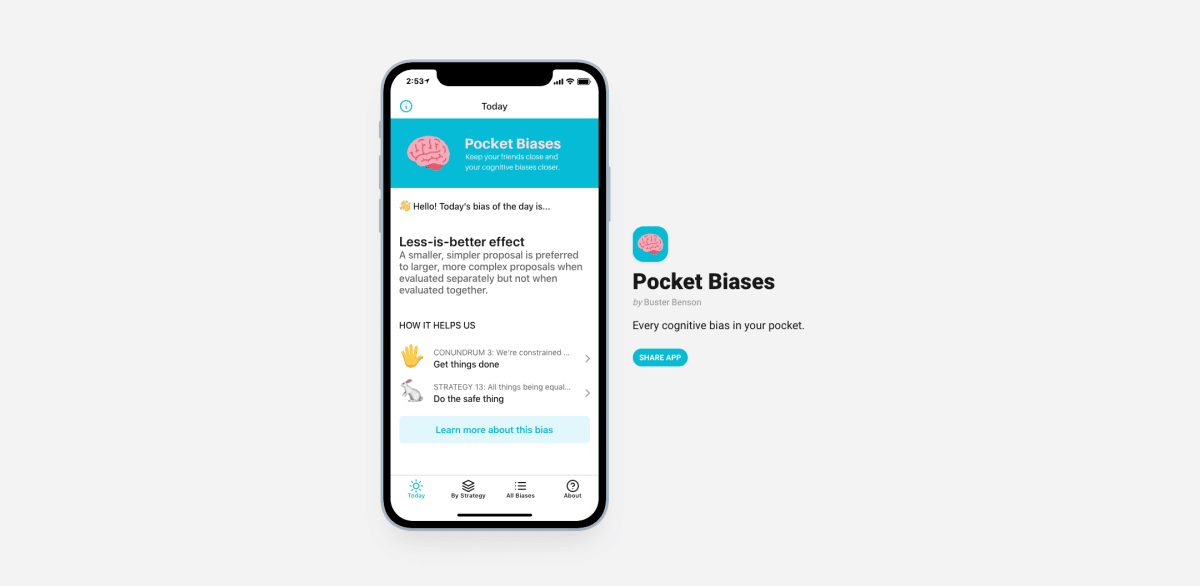 The homepage for the Pocket Biases app.