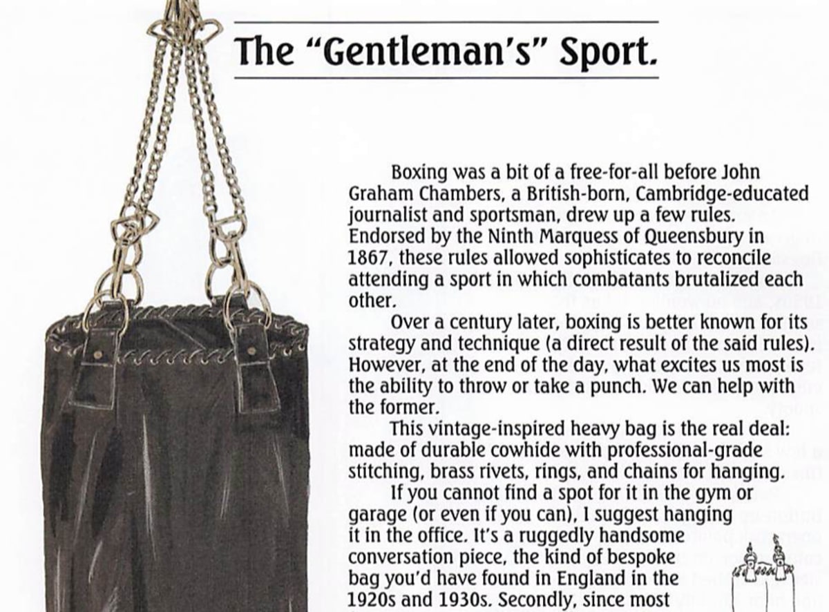 A vintage-inspired advertisement titled “The Gentleman’s Sport” featuring a black leather heavy punching bag with metal chains. The text describes the history of boxing and promotes the bag as durable and stylish, suitable as both equipment and a conversation piece.