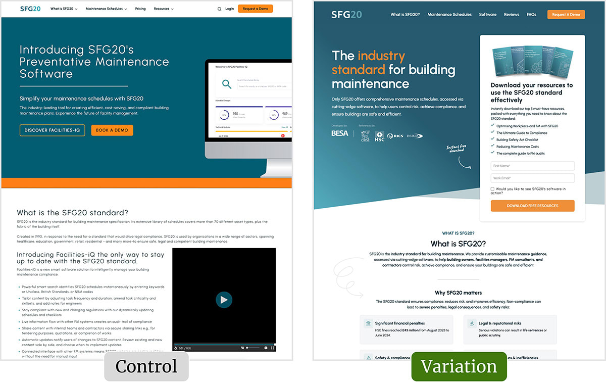 The original and variation screens for this test.