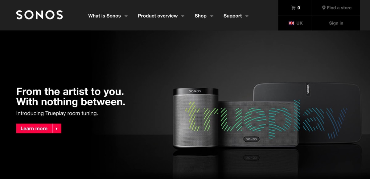 Sonos’s homepage leading with a feature