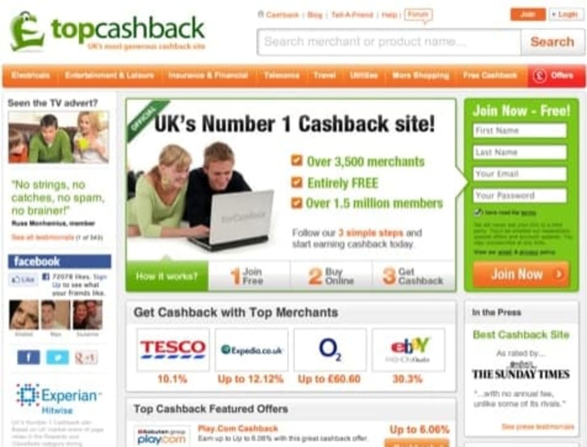 Top Cashback’s homepage