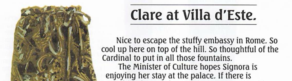 An image of patterned green and gold wide-leg trousers under the heading “Clare at Villa d’Este,” accompanied by descriptive catalog text referencing Italian elegance and cultural settings.