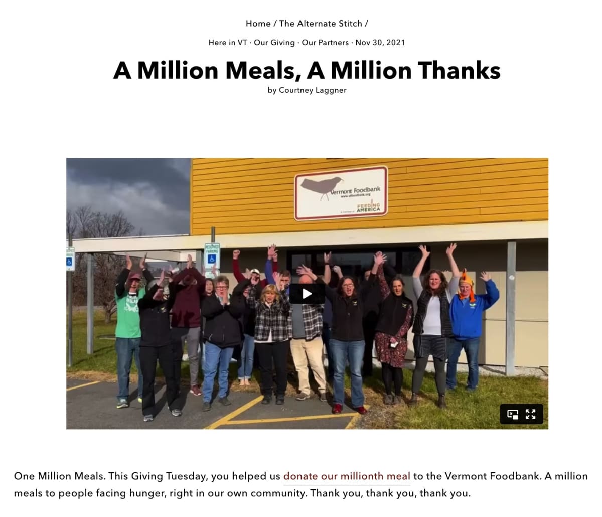 A group of Darn Tough employees celebrating outside the Vermont Foodbank after donating one million meals.