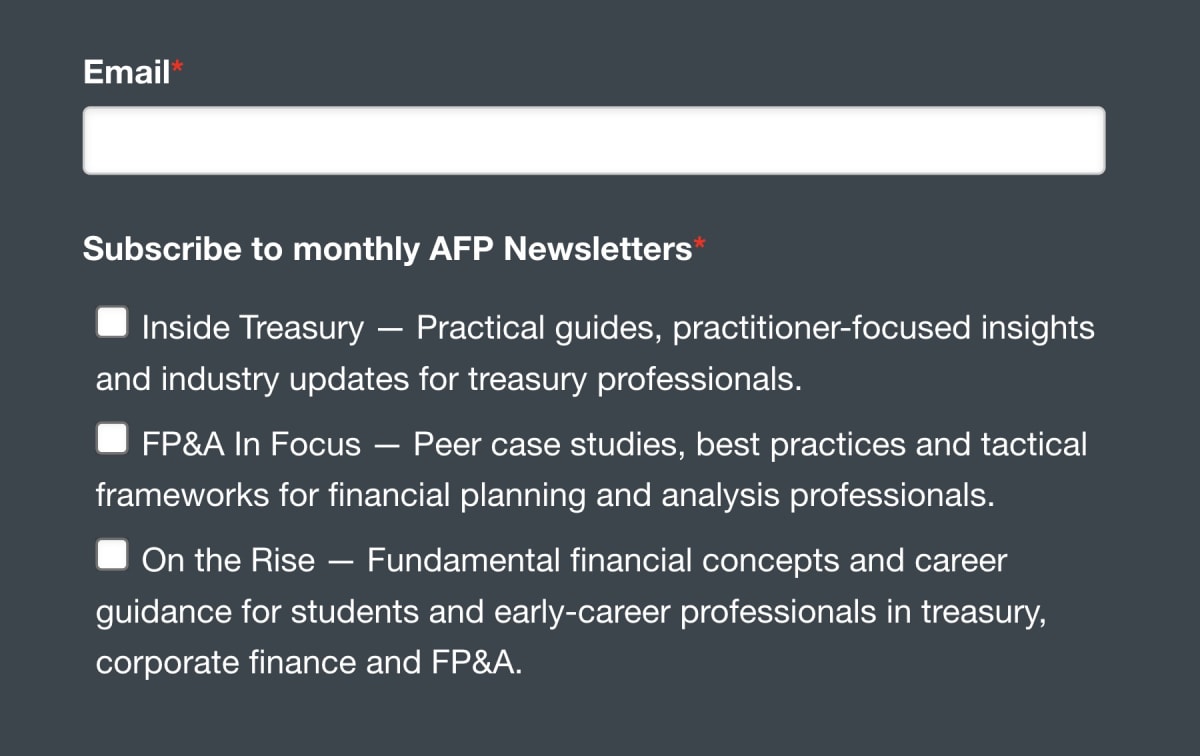 Email newsletter subscription box with three different newsletters (Inside Treasury, FP&A in Focus, On the Rise) users can opt-in to receive