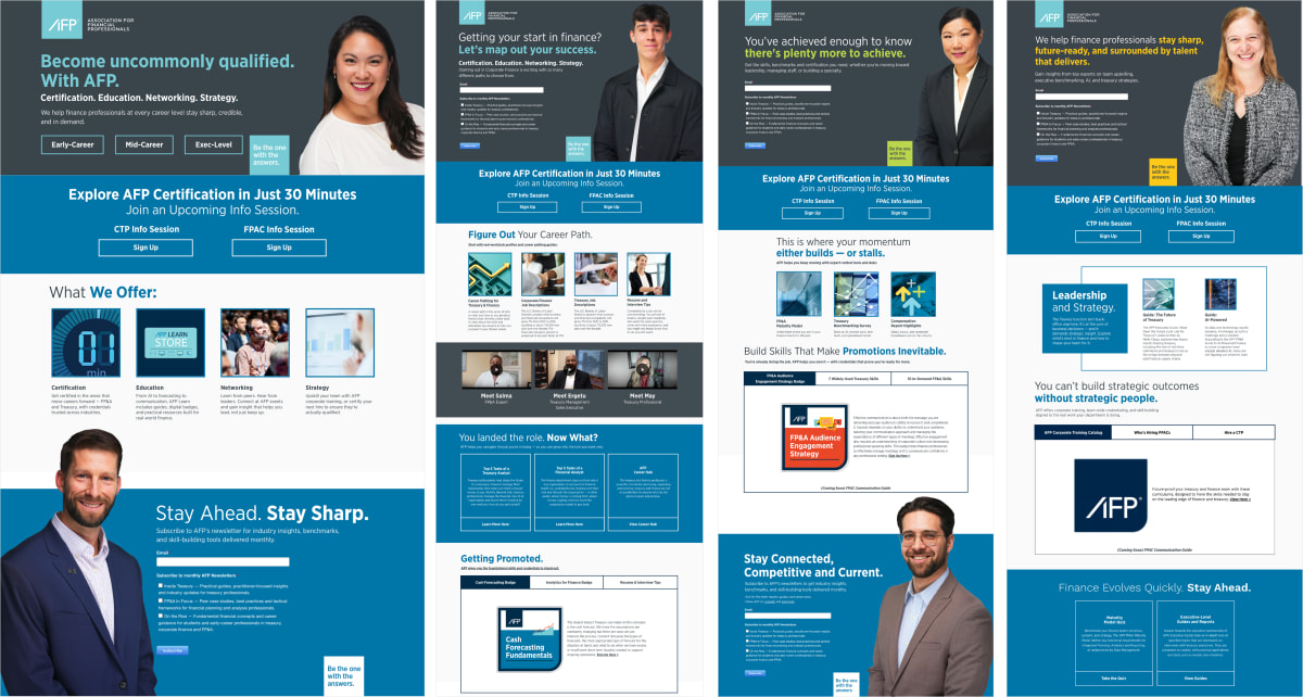 The original four landing pages targeting financial professionals at different career stages