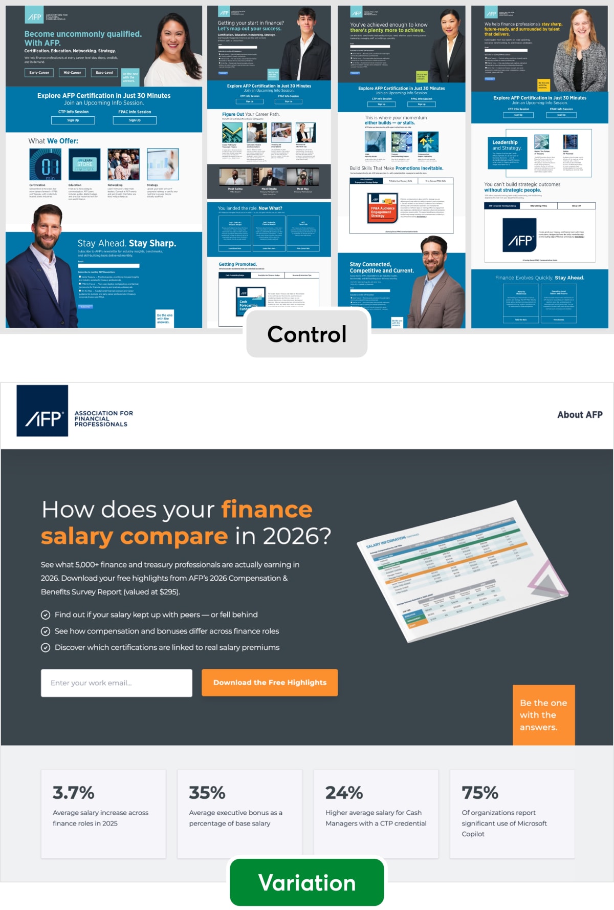 Side by side comparison of the original four landing pages and the new landing page with with a more focused offer