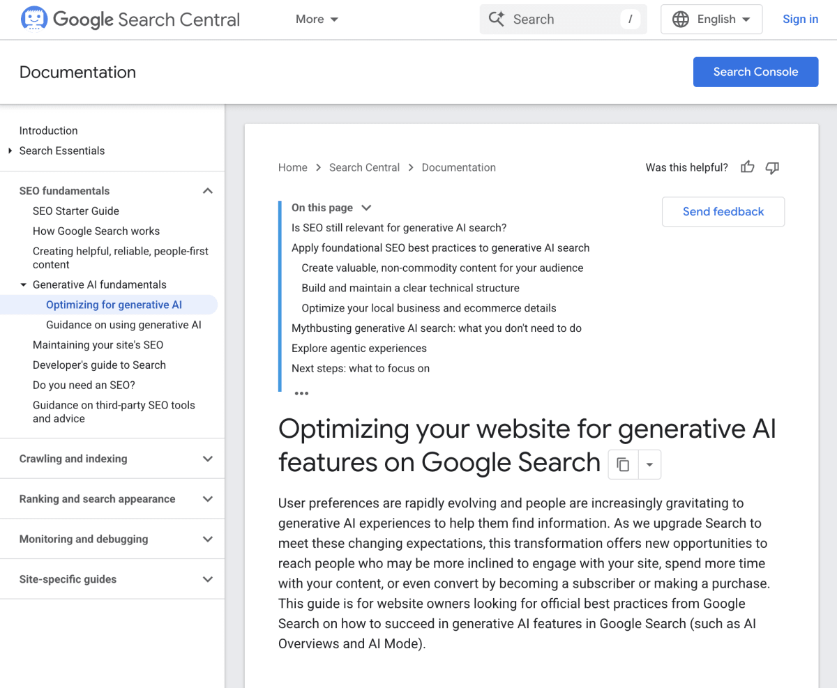 Screenshot of Google’s official AI optimization guide on developers.google.com, showing the page title and introductory text