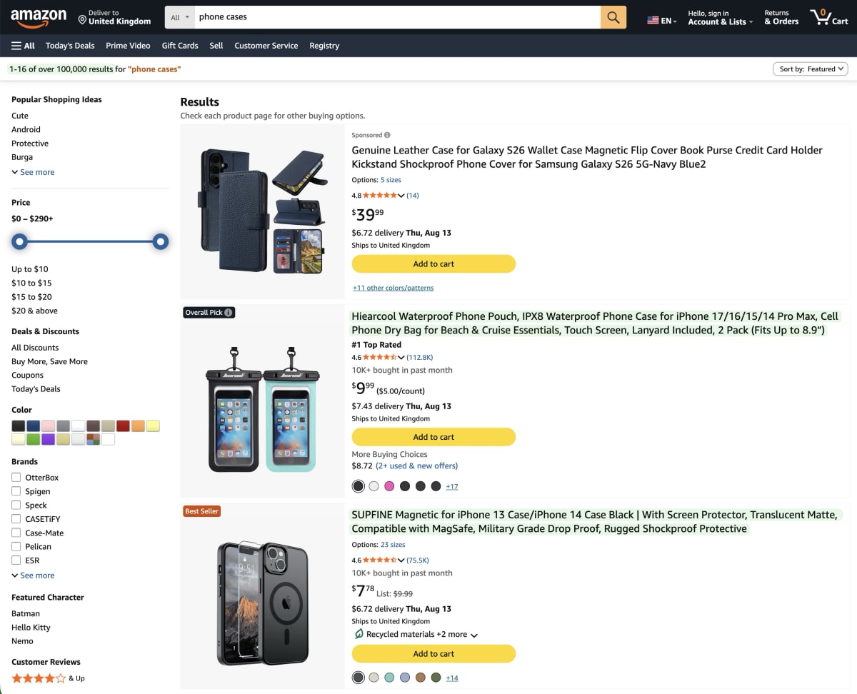 Amazon search results page for ‘phone cases’, with the top three listings showing a Sponsored ad, an Overall Pick badge and a Best Seller badge.