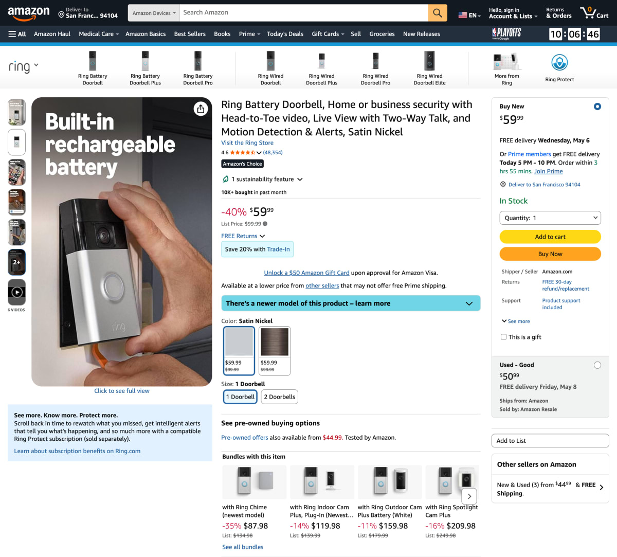 Full Amazon product page layout showing the Ring doorbell hero shot alongside colour and size options, Works with Alexa compatibility, and bulleted feature list.