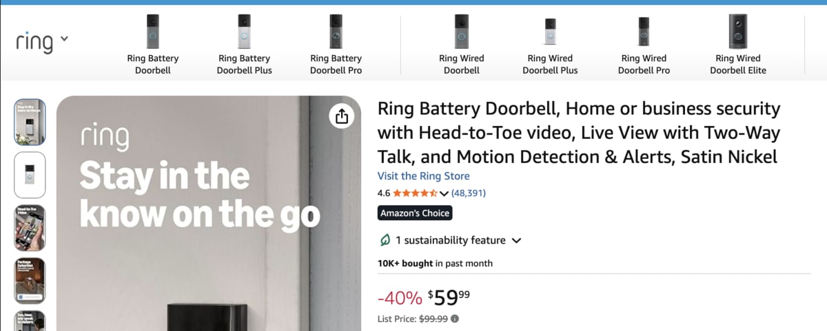 Ring Battery Doorbell mounted on a grey door frame with the brand name and tagline Stay in the know on the go displayed alongside.
