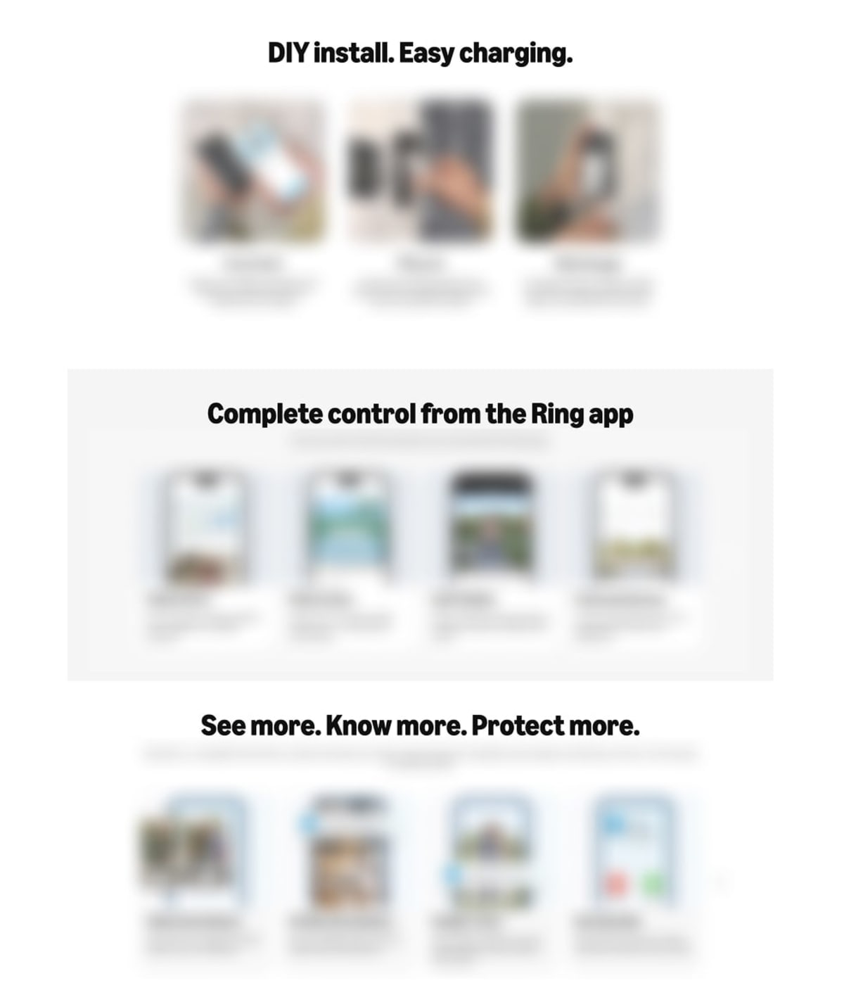 Blurred page section showing the visual hierarchy of the DIY install, Complete control from the Ring app, and See more. Know more. Protect more. content blocks.