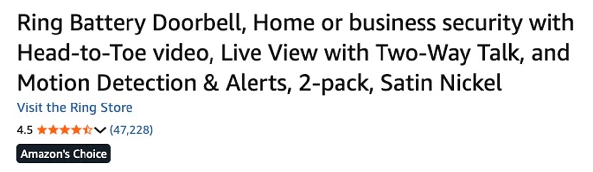 Amazon product listing top section showing the Ring Battery Doorbell 2-pack title, 4.5 star rating from 47,228 reviews, and Amazons Choice badge.