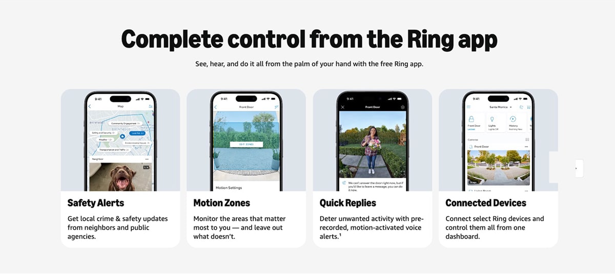 Four iPhone screenshots demonstrating the Ring app features: Safety Alerts, Motion Zones, Quick Replies, and Connected Devices.
