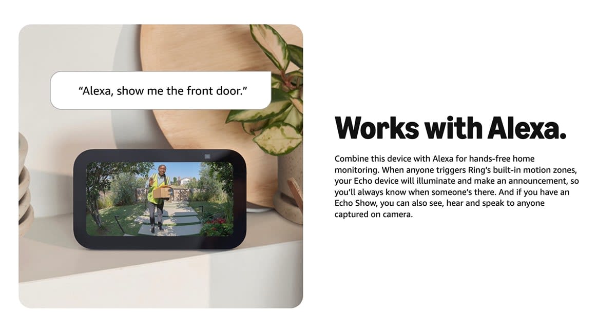 Echo Show device on a shelf displaying a live doorbell feed of a delivery person, with the voice command Alexa, show me the front door shown above.