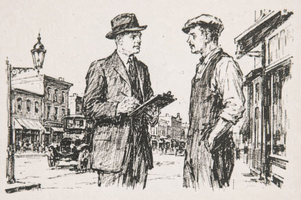 Illustration of Claude Hopkins’s research men interviewing hundreds of men about shaving.
