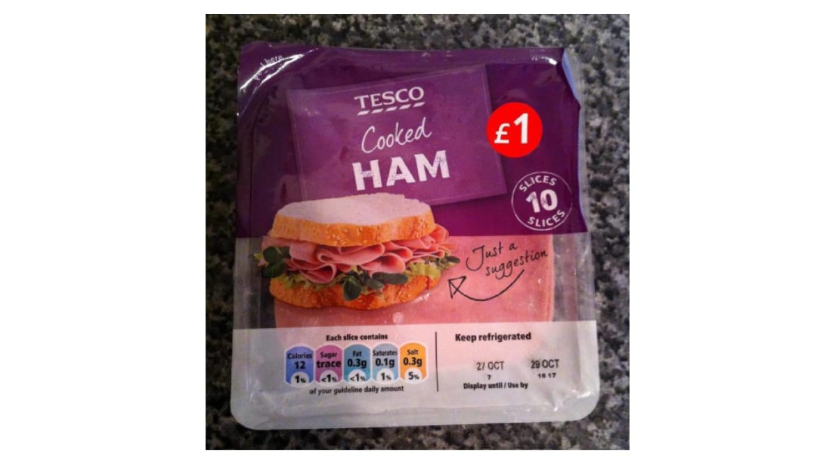 A photo of a packet of ham from Tesco.