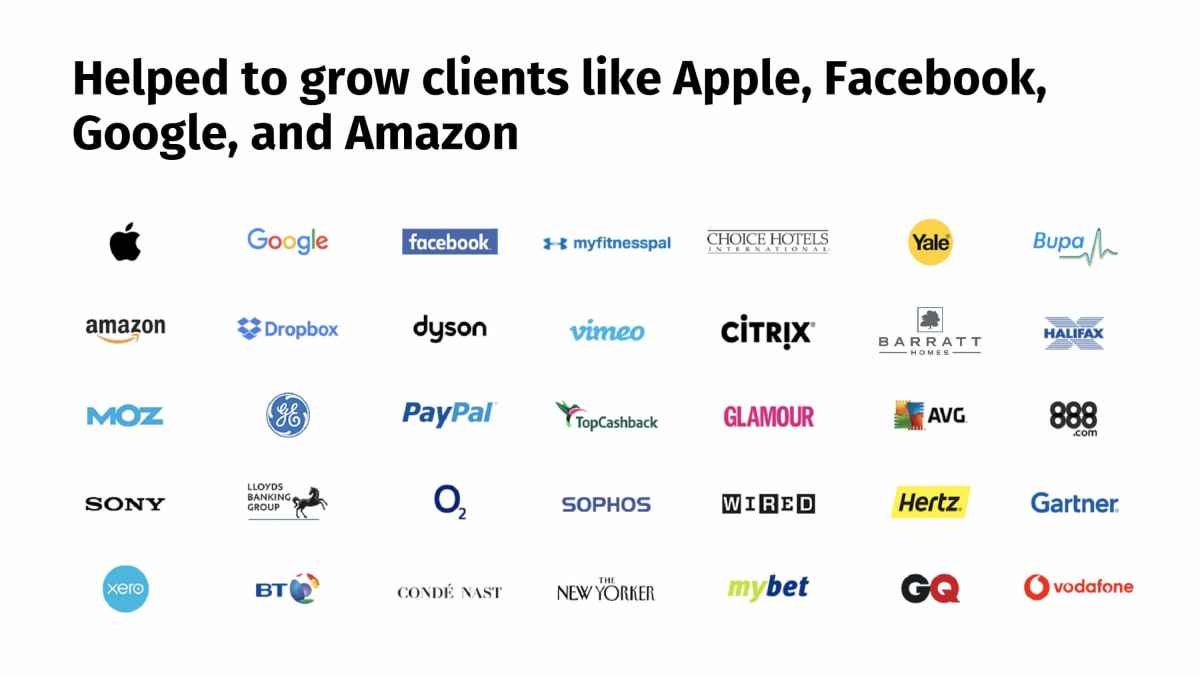 Logos of companies we’ve helped to grow including Apple, Facebook, Google, and Amazon.