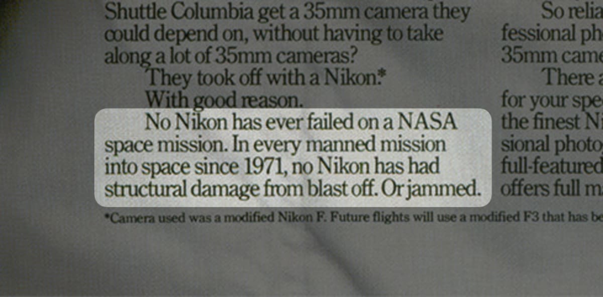 A screenshot of the 1981 ad from Nikon focussed.