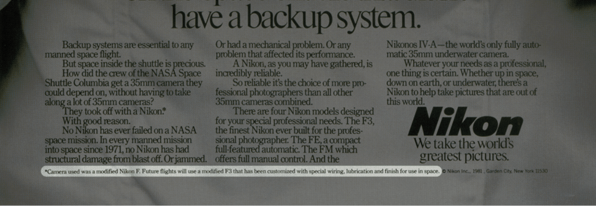 A screenshot of the 1981 ad from Nikon focussed.