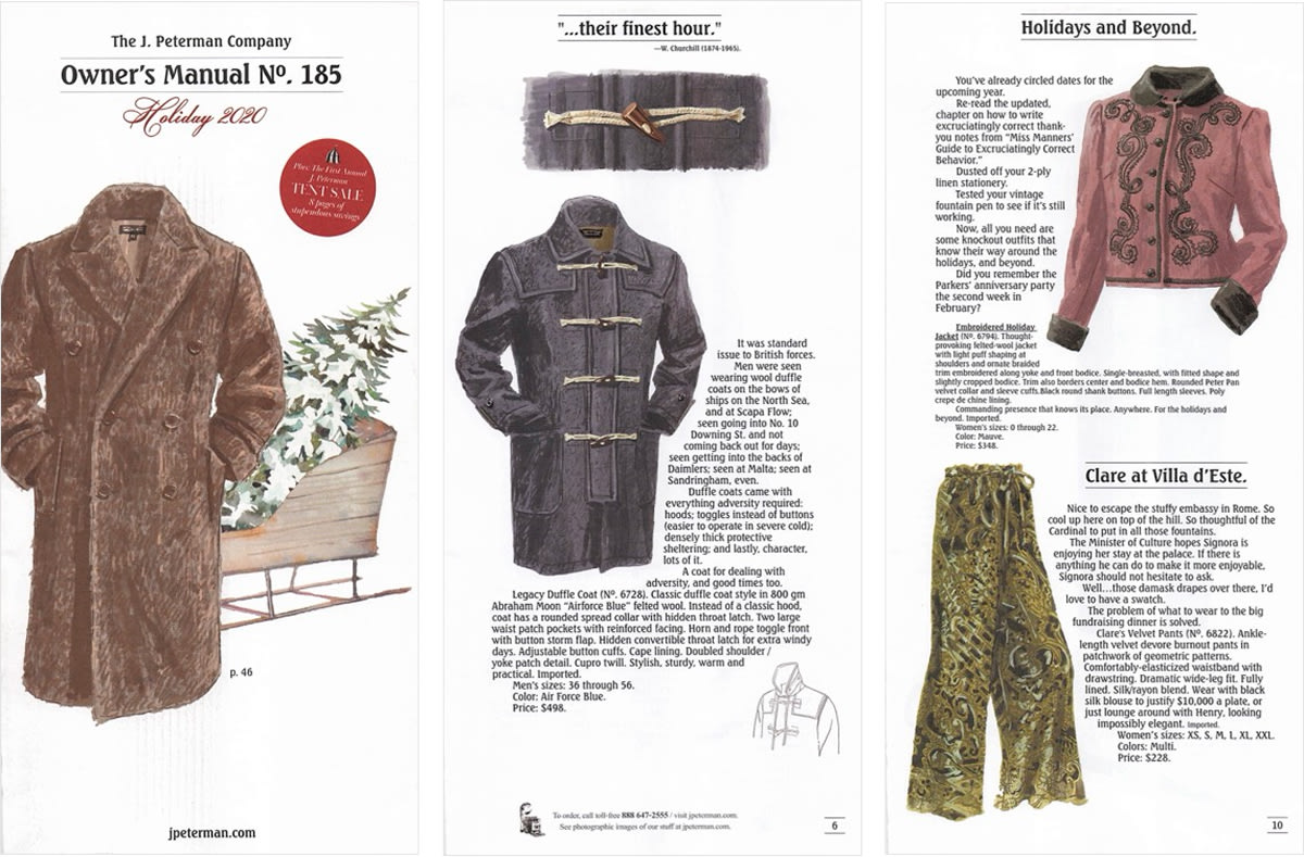 A J. Peterman Company holiday catalog spread. The left page shows a brown fur coat on the cover, the center highlights a navy duffle coat with toggle closures, and the right page features a pink embroidered jacket and patterned green trousers, with descriptive text for each.