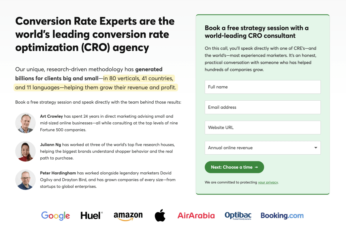 Screenshot of the top of the Conversion Rate Experts CRO agency page, with measured results highlighted.