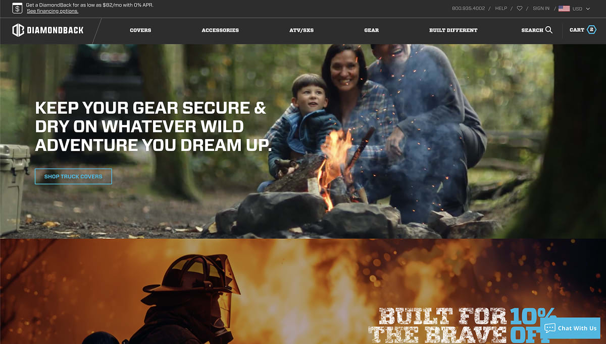 Original DiamondBack Covers homepage hero with no truck compatibility messaging between the hero video and the next content section.