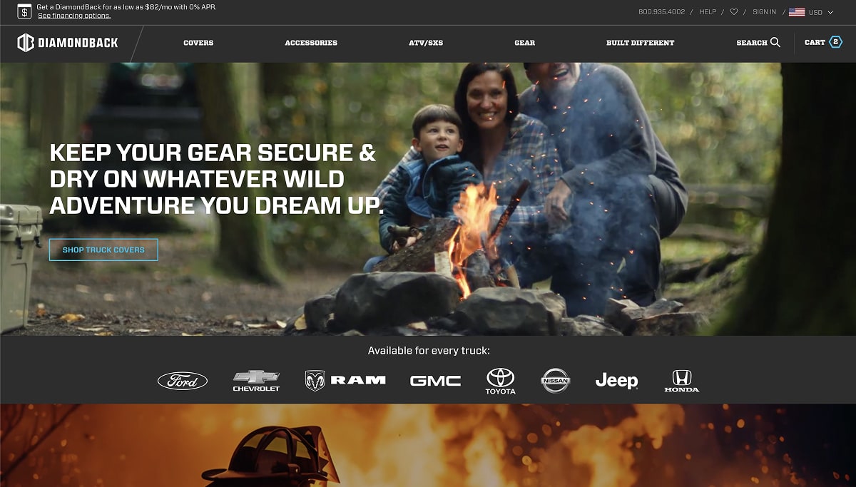 DiamondBack Covers homepage variation showing the hero video followed by an &lsquo;Available for every truck&rsquo; bar with logos for Ford, Chevrolet, RAM, GMC, Toyota, Nissan, Jeep and Honda.