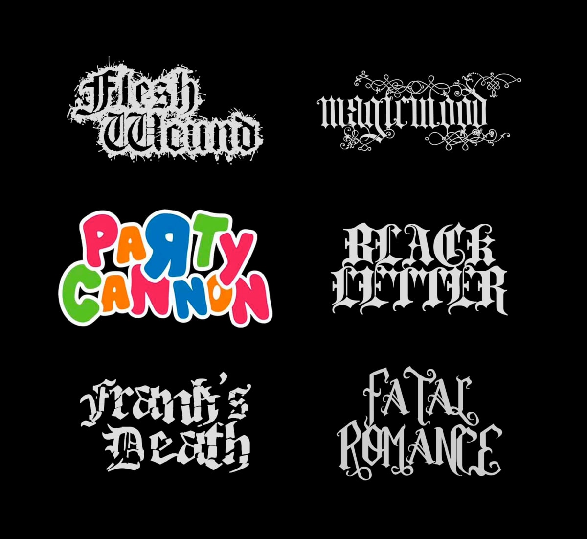 Five monochrome logos contrast with the fun, colorful, Party Cannon logo.