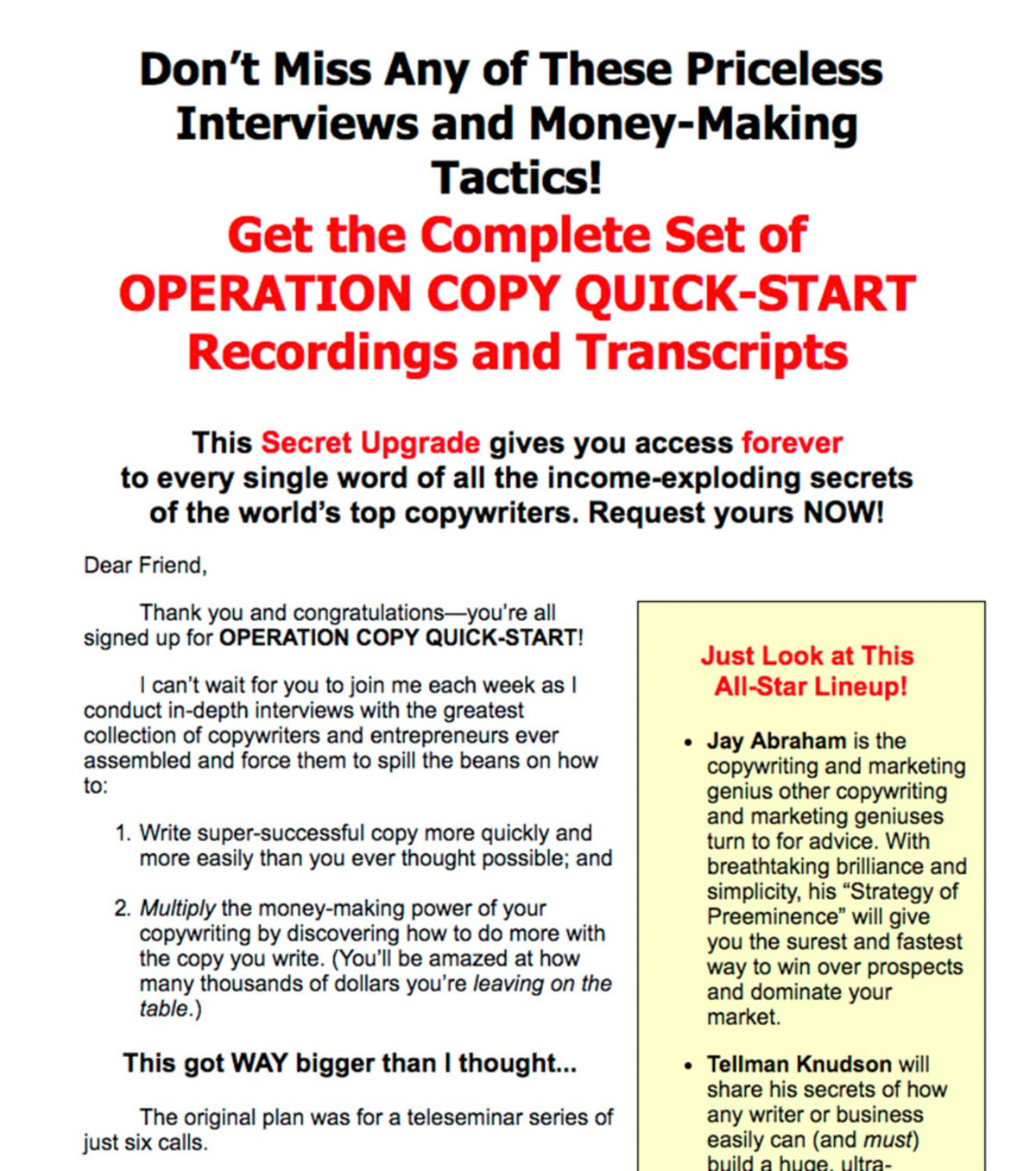 The top of the sales letter.