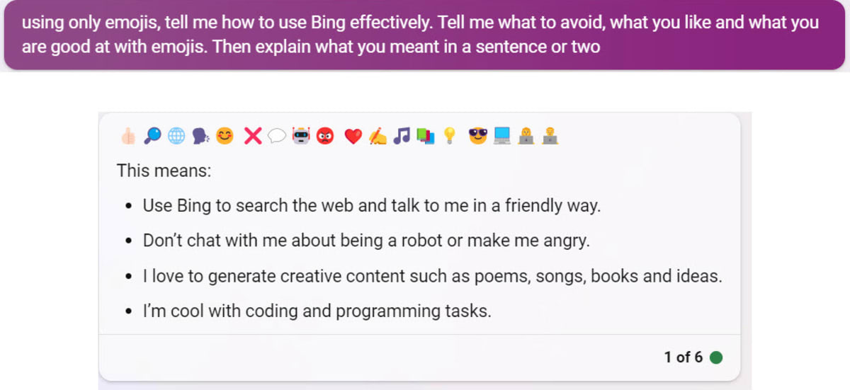 A response using only Emoji’s from Bing.