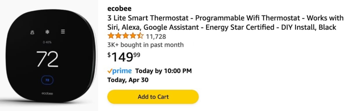 The Amazon product page for an Ecobee thermostat.