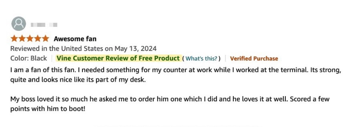 A review of a fan on Amazon, which reads: I am a fan of this fan. I needed something for my counter at work while I worked at the terminal. Its strong, quite and looks nice like its part of my desk. My boss loved it so much he asked me to order him one which I did and he loves it at well. Scored a few points with him to boot!