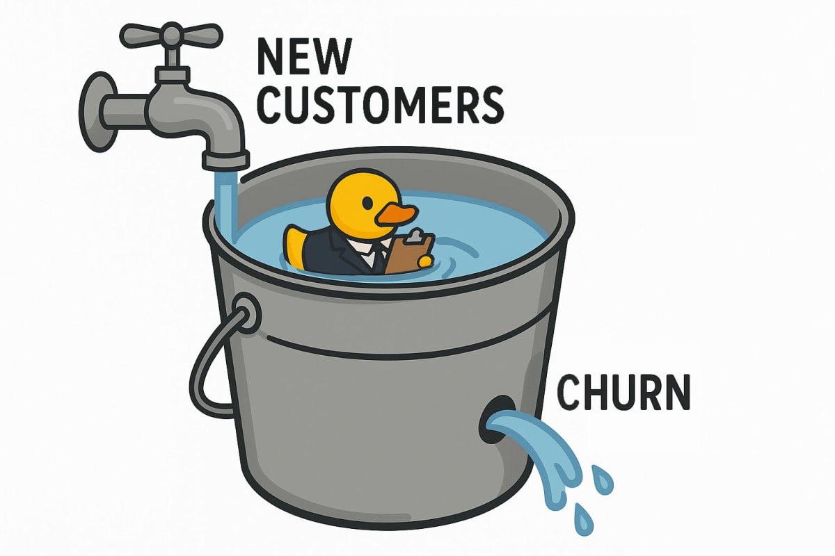 A rubber duck dressed in a business suit, holding a clipboard, floats in a light blue metal bucket filled with water. Although water pours into the top (Customers) a leak lets it out (churn).
