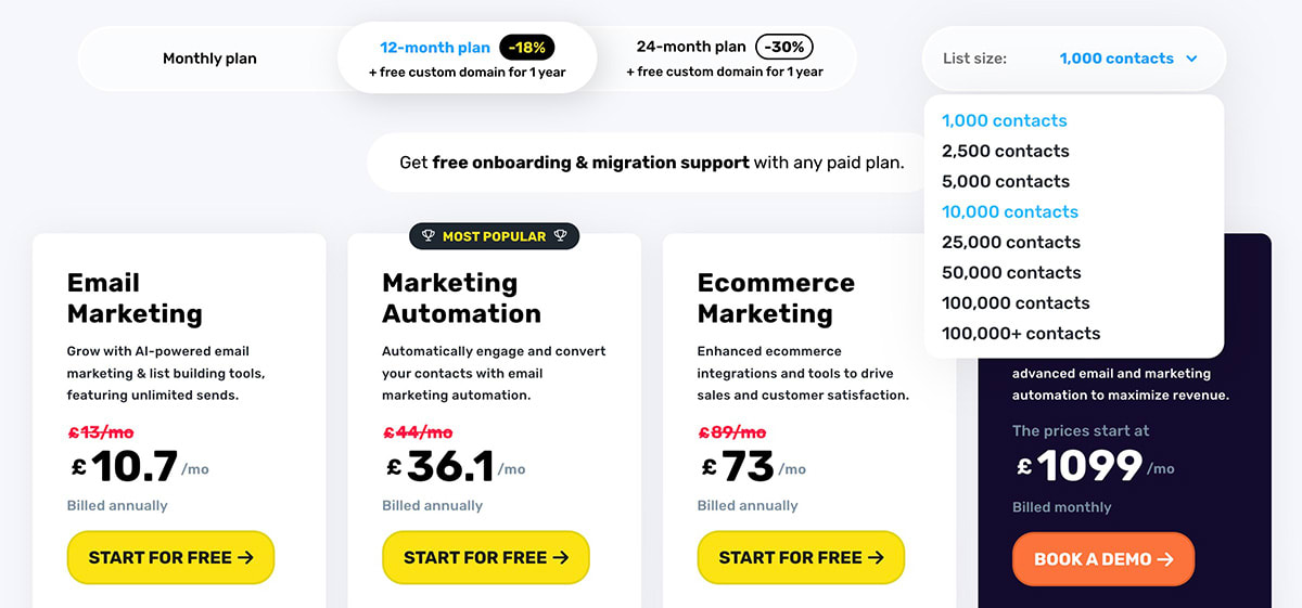 The pricing page of Get Response, an email marketing service that offers clear pricing for any volume of emails.