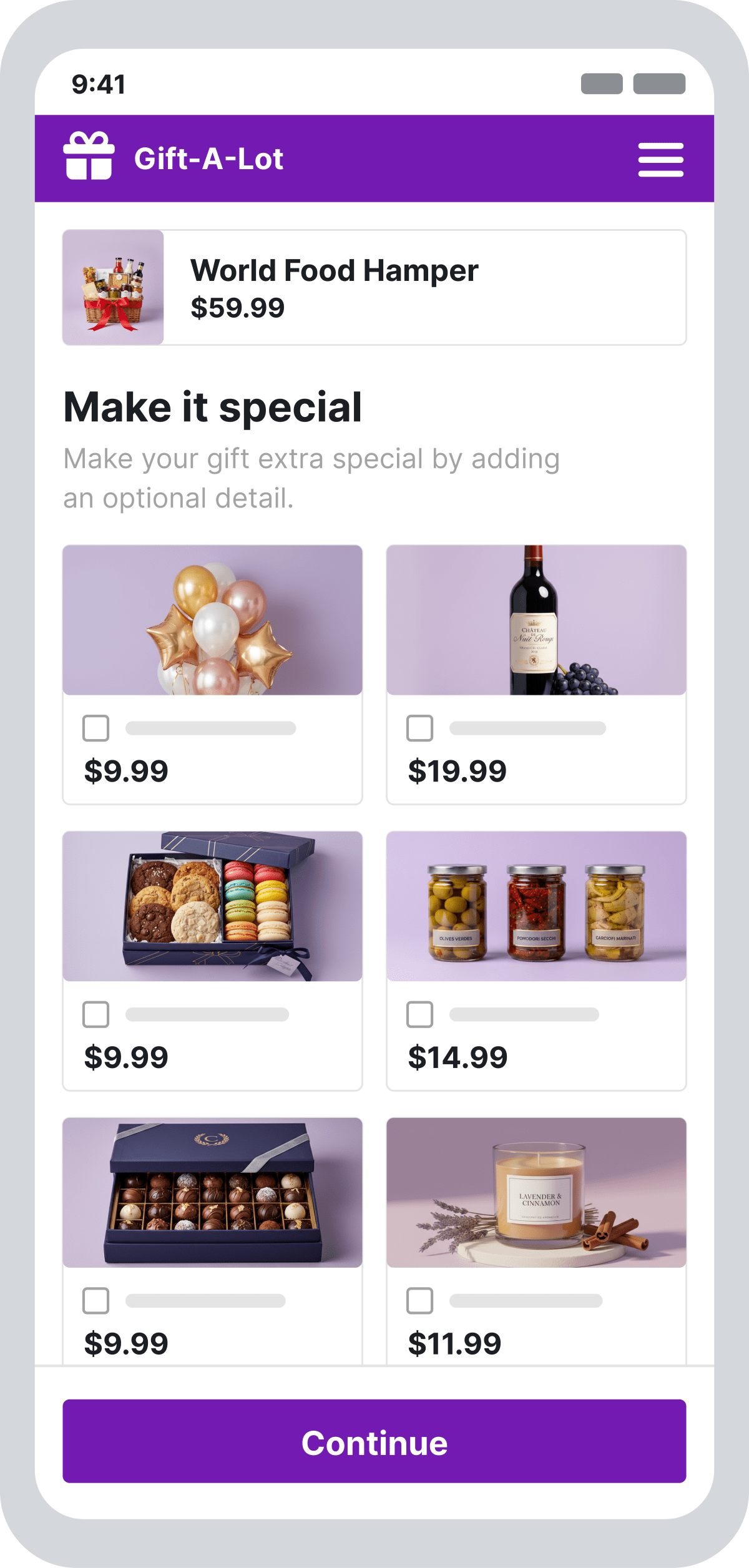 Illustration of an interstitial page shown after the gift is chosen, offering add-ons as checkboxes with prices under a single invitation line.