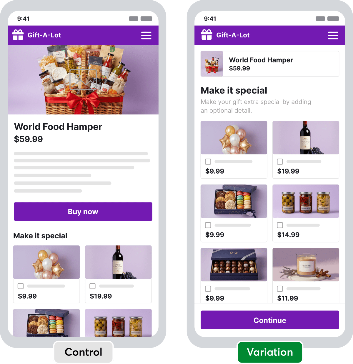 Illustration comparing a control product page with add-ons at the bottom against a variation that moves the add-ons to a page of their own.