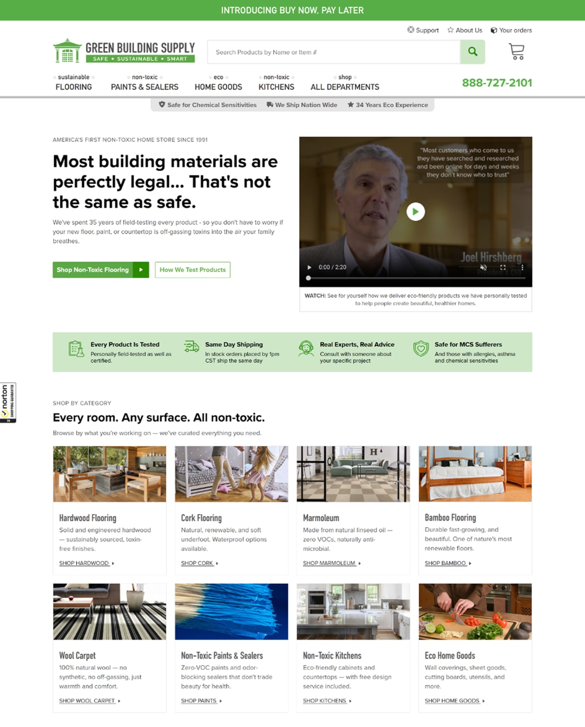 The redesigned Green Building Supply homepage (the variation).